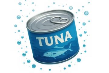 Blue tin can of tuna with a fish illustration, surrounded by water bubbles, depicting preserved seafood and nutrition