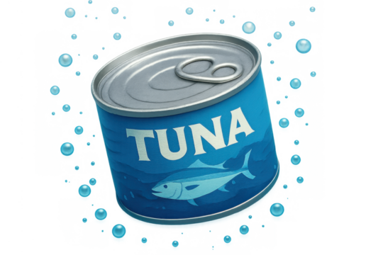 Blue tin can of tuna with a fish illustration, surrounded by water bubbles, depicting preserved seafood and nutrition