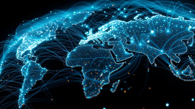 Macro view of global trade routes displayed in glowing blue holographic network, futuristic data visualization, supply chain data insights