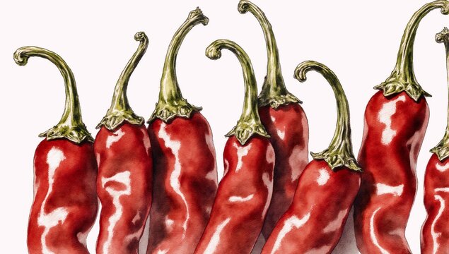 Hand-drawn watercolor illustration of a close-up group of organic spicy red chili peppers traditionally Mexican food style - Powered by Adobe