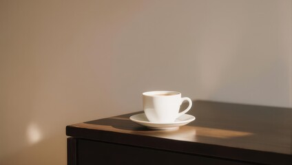 A white coffee cup sits on a dark wooden table, bathed in sunlight