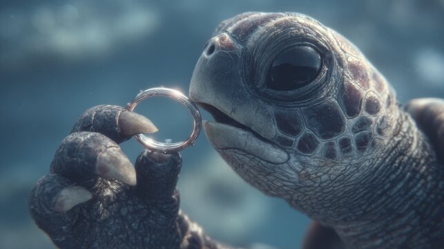 Sea Turtle Holding a Shiny Ring Underwater in a Beautiful Ocean Setting with Coral and Marine Life Surrounding It