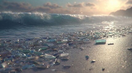 Fototapeta premium Ocean Pollution with Plastic Waste on Shoreline under Sunset Lighting, Highlighting Environmental Concerns and Marine Life Impact