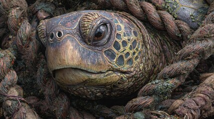 Detailed close-up of a sea turtle entangled in marine debris highlighting environmental impact and the urgency for ocean conservation efforts