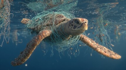 Fototapeta premium Majestic Sea Turtle Struggling Amidst Ocean Pollution from Fishing Nets and Plastic Waste in Crystal Clear Water