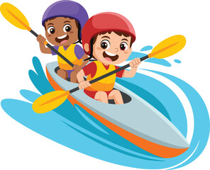 kayak, children, kids, boating, paddling, adventure, water, sport, cartoon, illustration, safety, helmets, river, activity, teamwork