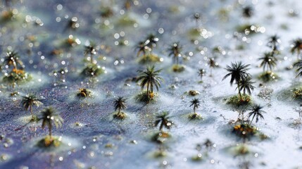 Miniature Island Landscape with Palm Trees and Water Reflection in Blue Shades for Nature and Travel Concepts