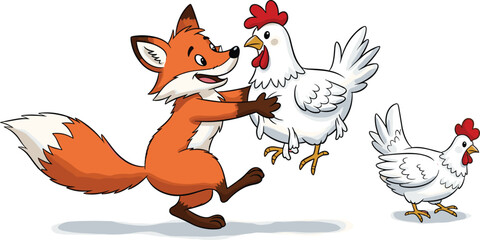 Sly Cartoon Red Fox Catching a Surprised White Hen Chicken while Another Hen Watches in a Funny Farm Vector Illustration.