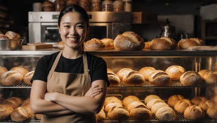 Smiling baker woman showcasing fresh bread and pastries in her own bakery shop