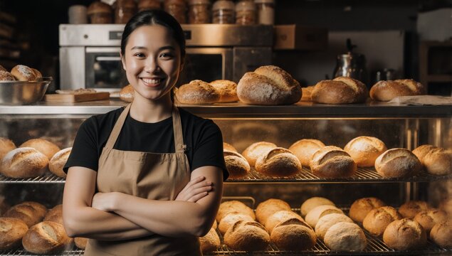 Smiling baker woman showcasing fresh bread and pastries in her own bakery shop