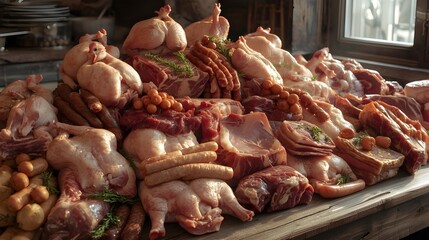 A rustic butcher's bounty featuring a grand assortment of various raw meats, including poultry, pork, beef, and sausages