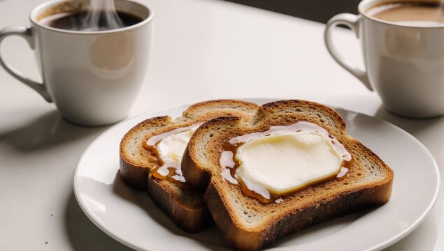 Toasted bread with butter and vegemite on a breakfast table paired with coffee and soft morning light
