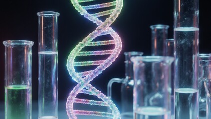 Conceptual 3D rendering of a DNA molecule forming inside test tube equipment
