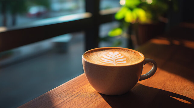 wakeup. A warm latte sits on a wooden table in a cozy cafe with morning sunlight and a soft background. bar promotions, beverage menus, designed for product packaging and bar promotions.