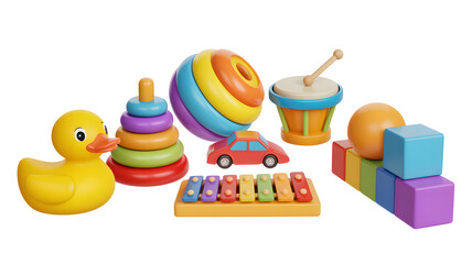 Obraz premium Delightful assortment of colorful children's toys scattered over white backdrop displayed in digital 3d rendering style