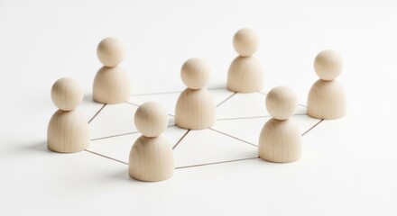 Wooden figures connected by lines forming a network structure.