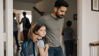 Daughter with backpack father encouraging on home staircase before school