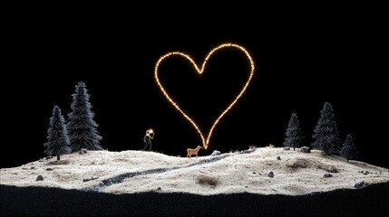 A person creates a glowing heart shape with a sparkler for a deer in a snowy winter scene.