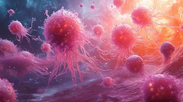 Detailed microscopic view of human cells, showcasing their complex structures and interactions. The abstract presentation emphasizes cellular biology for diverse science and medicine applications.