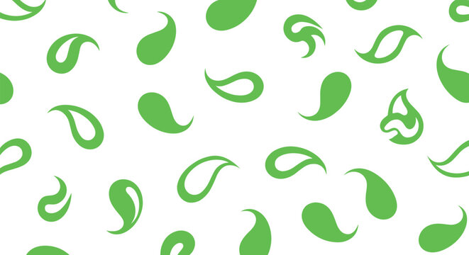 Simple and modern seamless pattern of vibrant green paisley shapes scattered across a clean white background for a fresh design.