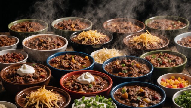 A chili cook-off with a variety of recipes and toppings