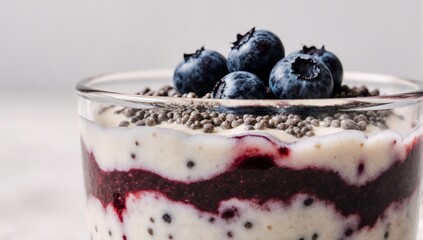 Blueberry chia pudding with fresh berries in a glass