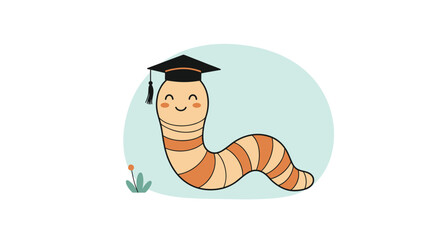 Cute cartoon bookworm wearing a graduation cap, a charming character representing learning, knowledge, and educational achievement.
