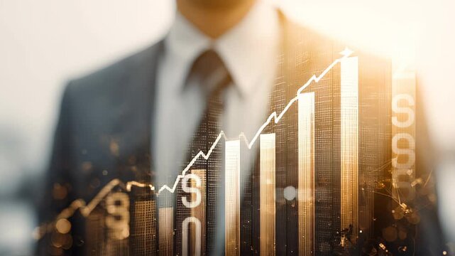 Double Exposure Image of Business and Finance conceptual - Businessman with report chart up forward to financial profit growth of stock market investm