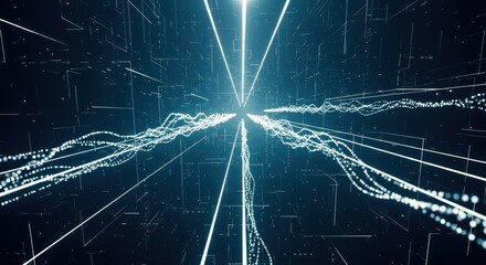 Abstract digital data stream flowing through dark blue cyberspace grid tunnel with glowing white particle waves for information transfer complex network connection