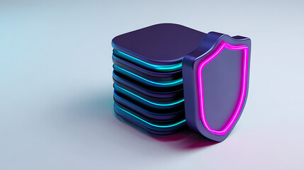 Modern digital shield protecting stacked server racks with glowing neon blue and pink accents, symbolizing cybersecurity and data protection
