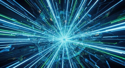 Abstract digital data stream tunnel with bright blue green neon light trails moving rapidly towards central point, for speed, connectivity, futuristic network technology