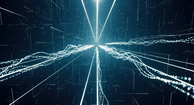 Abstract digital data stream flowing through dark blue cyberspace grid tunnel with glowing white particle waves for information transfer complex network connection