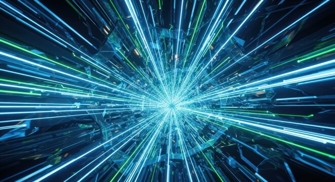 Abstract digital data stream tunnel with bright blue green neon light trails moving rapidly towards central point, for speed, connectivity, futuristic network technology