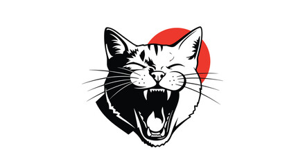 Obraz premium A powerful black and white graphic of a yawning or roaring cat with a red circle in the background, inspired by Japanese art.