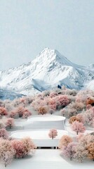 A picturesque winter scene unfolds with majestic snow-covered mountains in the background, contrasting with the soft hues of trees in shades of pink and white.