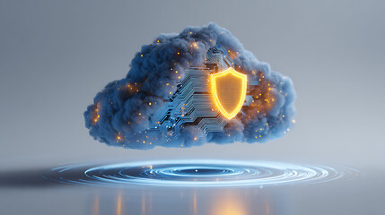 Secure your digital assets with this dynamic cloud security concept featuring a glowing shield and intricate circuitry for ultimate data protection and innovation.