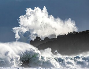 Crashing waves on rocky outcrop under storm clouds, creating dramatic white spray