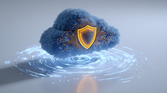 Dynamic digital cloud security shield with glowing circuits protecting data from cyber threats in a secure network environment