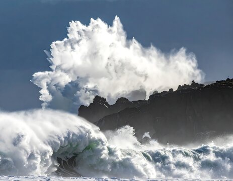 Crashing waves on rocky outcrop under storm clouds, creating dramatic white spray