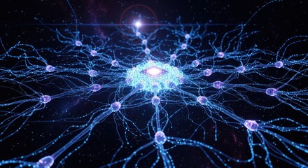 Abstract digital neural network structure with glowing blue neurons connected to central processing core, for artificial intelligence, machine learning computation, complex data network