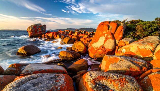 Coastal scene, orange boulders, waves, and blue sky - Powered by Adobe