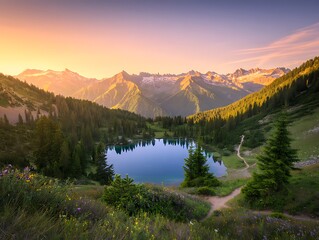 Breathtaking sunset over a serene alpine lake nestled in a vibrant green mountain valley with majestic peaks in the background
