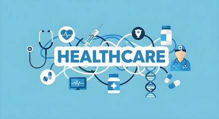 Creative healthcare typography with medical icons like stethoscope, syringe, DNA, and heart monitor. Ideal for medical branding, health education, digital wellness content, and hospital promotion.