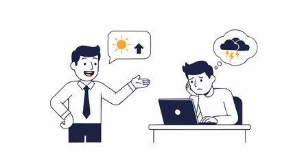 Two men discussing weather forecast one happy one sad.