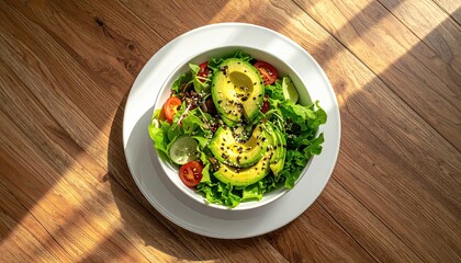 Overhead Shot of Fresh Avocado Salad with Cherry Tomatoes and Black Seeds on White Plate Set Against Warm Wood Grain Table Surface Under Direct Sunlight
