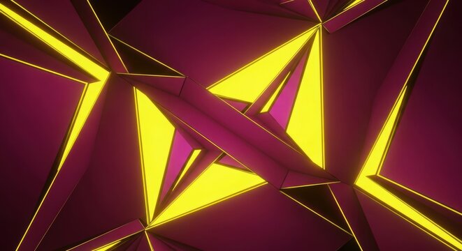 Abstract geometric background with glowing yellow neon lines illuminating dark magenta polygonal shapes, for futuristic technology, digital structure, modern creative design concepts