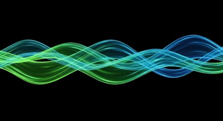 Abstract glowing green blue flowing wave lines intersecting in dynamic harmony against solid black background, for digital data transmission, sound frequency, energy flow