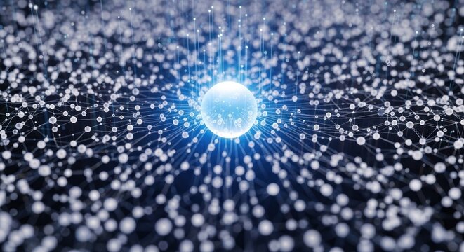 Abstract glowing sphere center vast interconnected network white nodes blue lines, for big data flow, digital communication, complex system architecture - Powered by Adobe