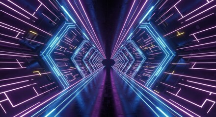 Abstract neon light tunnel in perspective with purple blue glowing lines creating futuristic digital pathway, for speed, technology, data flow, virtual reality experience