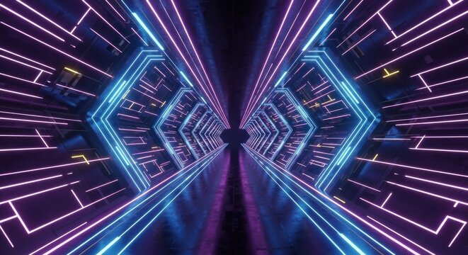 Abstract neon light tunnel in perspective with purple blue glowing lines creating futuristic digital pathway, for speed, technology, data flow, virtual reality experience - Powered by Adobe